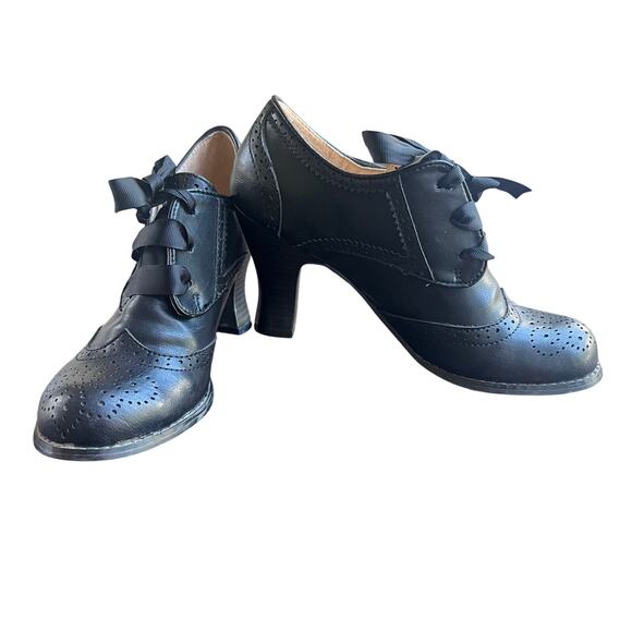 Mo Mo Women's Black Lace Up Oxford Heeled Shoes Size 7.5 Whimsigoth - Picture 1 of 10